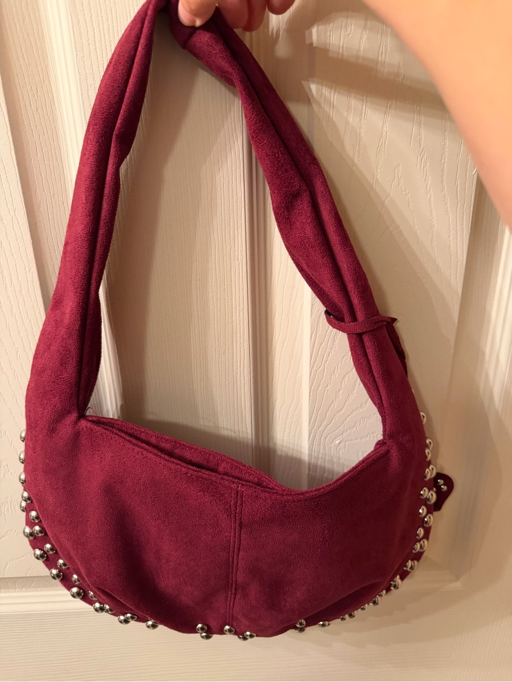Suede Shoulder Hobo Bag in Burgundy with Silver Stud Accents